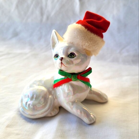 Vintage Iridescent Cat Figurine Christmas Kitty with Santa Hat Enesco 80's - Picture 1 of 8